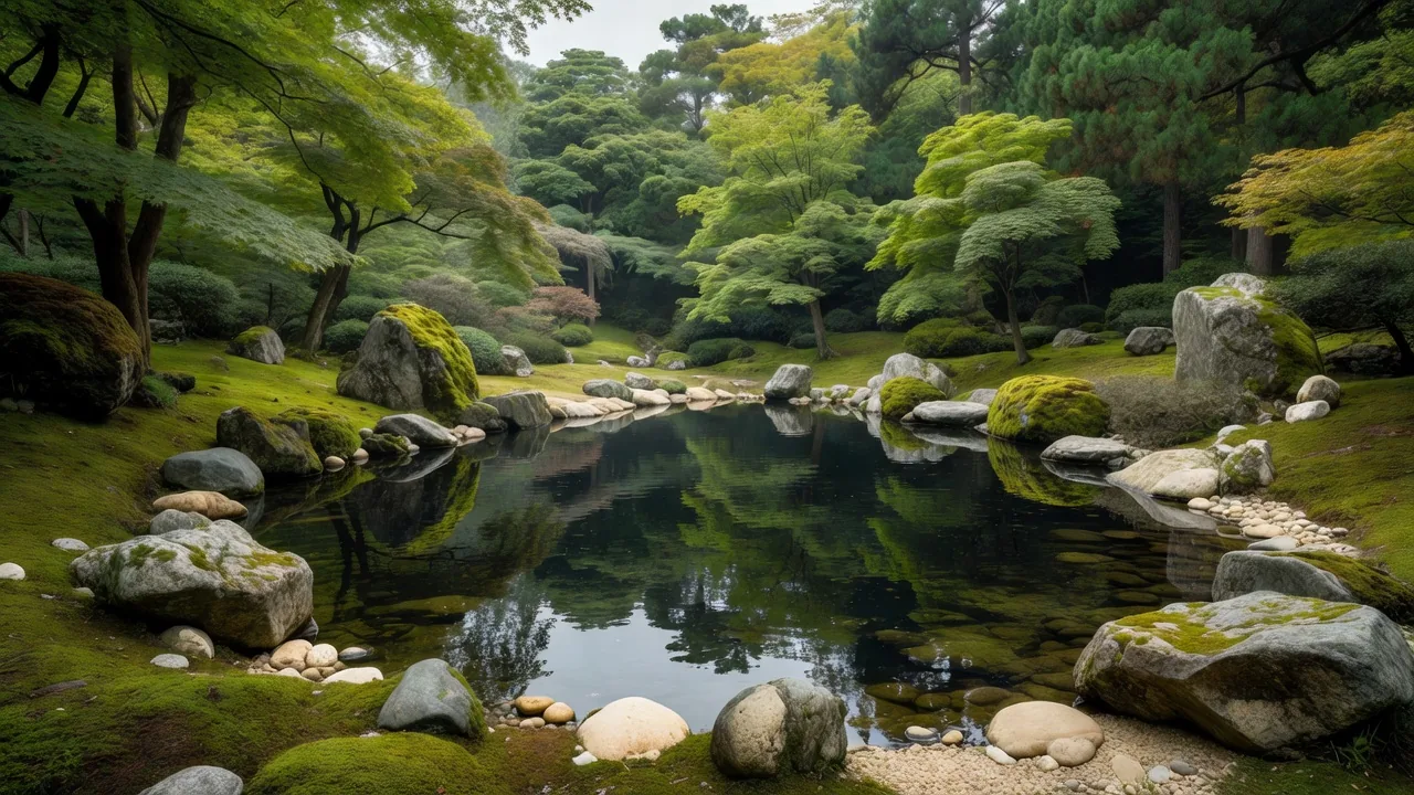 池と石を配した苔庭