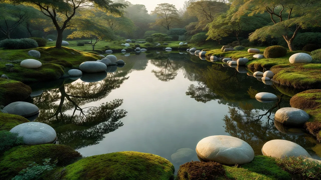 苔庭の景色を映す池