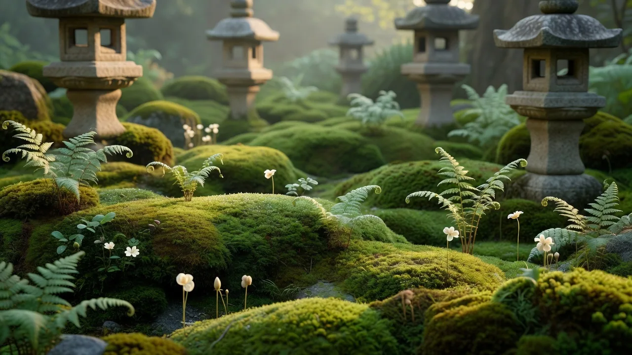 春の苔と花
